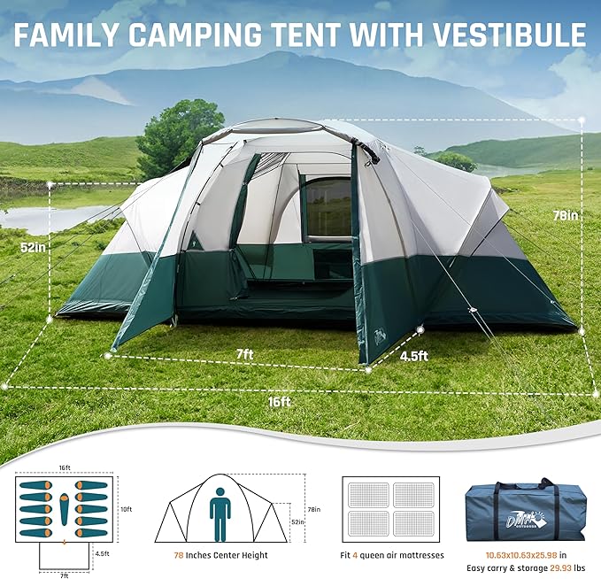 6/8/10/11 Person Camping Tent with Porch