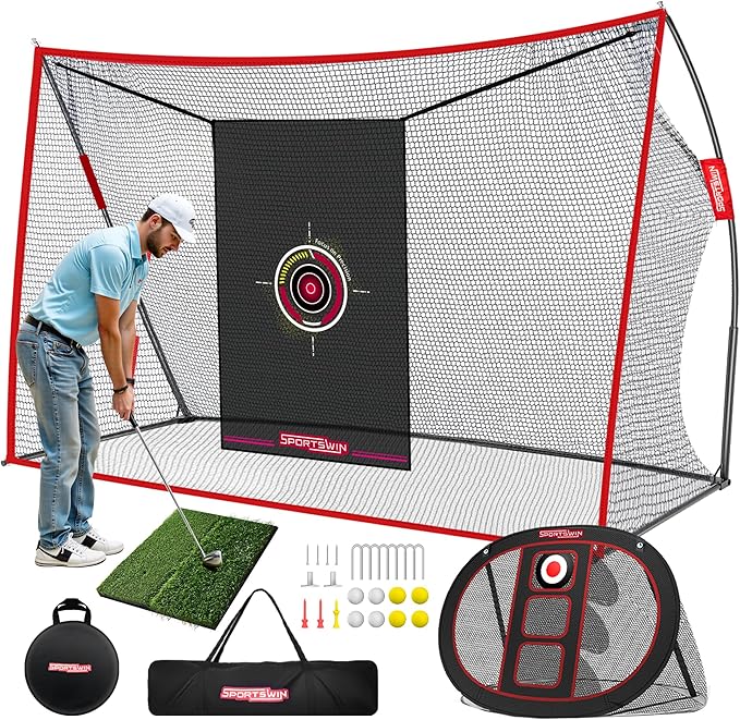 10x7ft Heavy Duty Golf Practice Net with Mat, Target Cloth, 8 Tees, 6 Balls, Carry Bag, Golf Training Net for Backyard Driving Chipping Indoor Outdoor