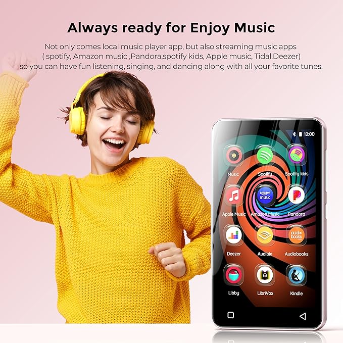 160GB MP3 Player with Bluetooth and WiFi, innioasis Music Player with Spotify,Pandora,Amazon Music,4" Touch Screen Android MP4 MP3 Player for Kids with Libby,Audible,Spotify Kids (White+Pink)