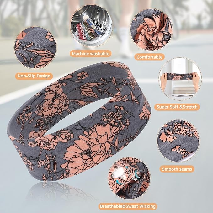 Headbands for Women Non Slip - 7PCS Fashion Sports Hair Bands for Women's Hair, Soft Cotton Cloth Stretchy Headbands for Women for Workout Yoga Running