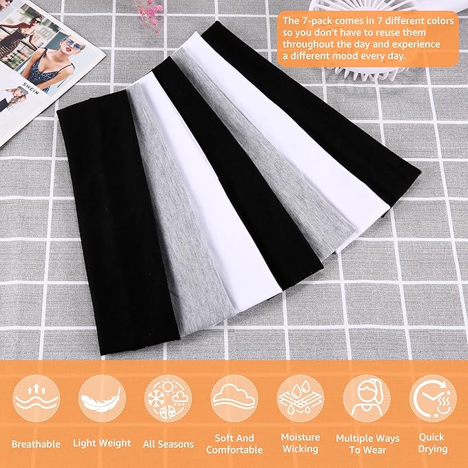 Headbands for Women Non Slip - 7PCS Fashion Sports Hair Bands for Women's Hair, Soft Cotton Cloth Stretchy Headbands for Women for Workout Yoga Running