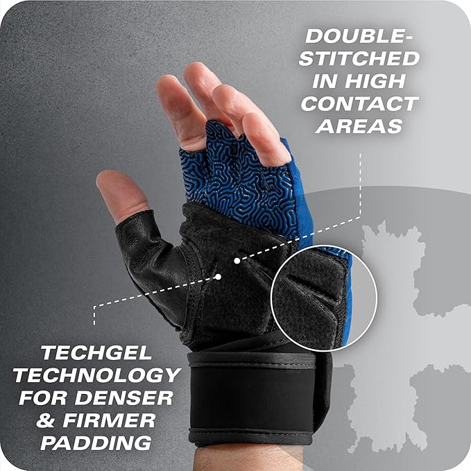 Harbinger Training Grip Wrist Wrap Gloves - Enhanced Grip & Wrist Support, Breathable Lycra Back, Padded Leather Palm, Half-Finger Design, Quick Pull Tabs - Ideal for Weightlifting, Gym - Men's