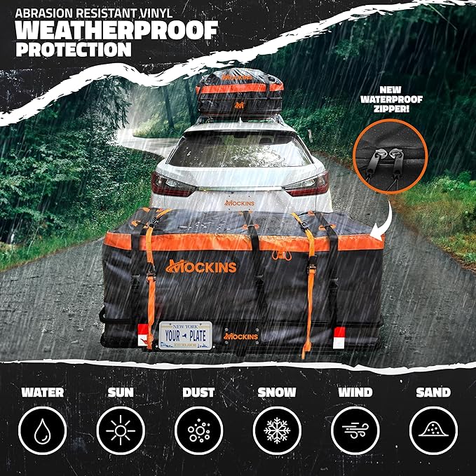 Mockins 60"x20"x6" Folding Trailer Hitch Cargo Carrier w/ 20 Cu Ft Waterproof Cargo Bag for Hitch Carrier | 500 Lbs. Cap All-Weather Cargo Carrier Hitch Mount Rack & Vinyl Vehicle Soft-Shell Carriers