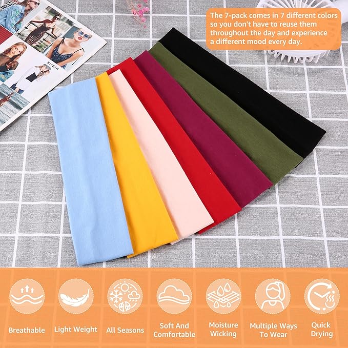 Headbands for Women Non Slip - 7PCS Fashion Sports Hair Bands for Women's Hair, Soft Cotton Cloth Stretchy Headbands for Women for Workout Yoga Running