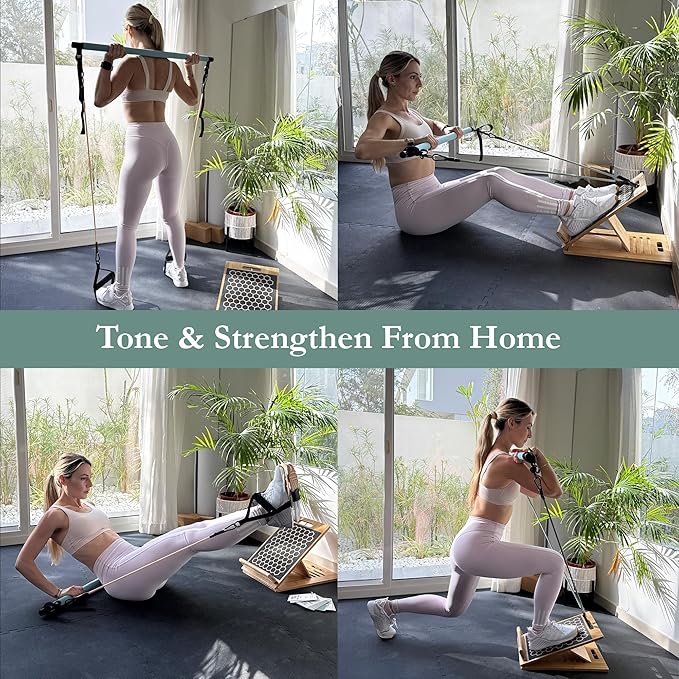 3-in-1 Pilates Workout Kit by Sage London - Premium Bamboo Slant Board, Pilates Bar Kit with Resistance Bands & 54 Exercise Cards for Home Workouts, Calf Stretcher, Squats, and Pilates Training