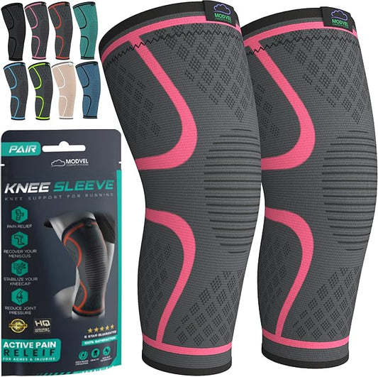 Modvel 2 Pack Knee Brace for Women & Men - Workout Knees Compression Sleeve for Knee Pain Relief Joint Support for ACL, Arthritis, Meniscus Tear Knees Brace for Sports, Rodilleras para Gym Fitness