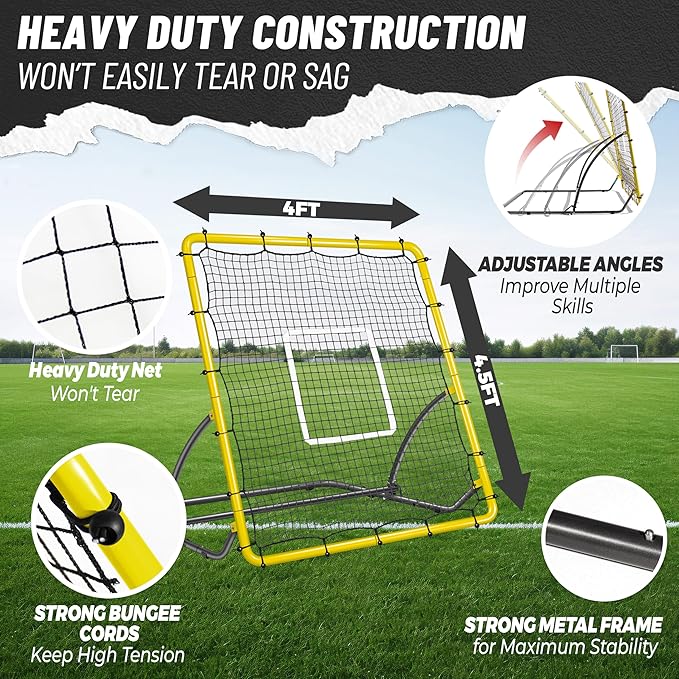 Heavy Duty Baseball Rebounder Net 4x4.5 FT Pitchback with 3 Adjustable Angles, Baseball and Softball Bounce Back Net for Ground, Line Drive, Fly Ball Return Settings Fielding Trainer
